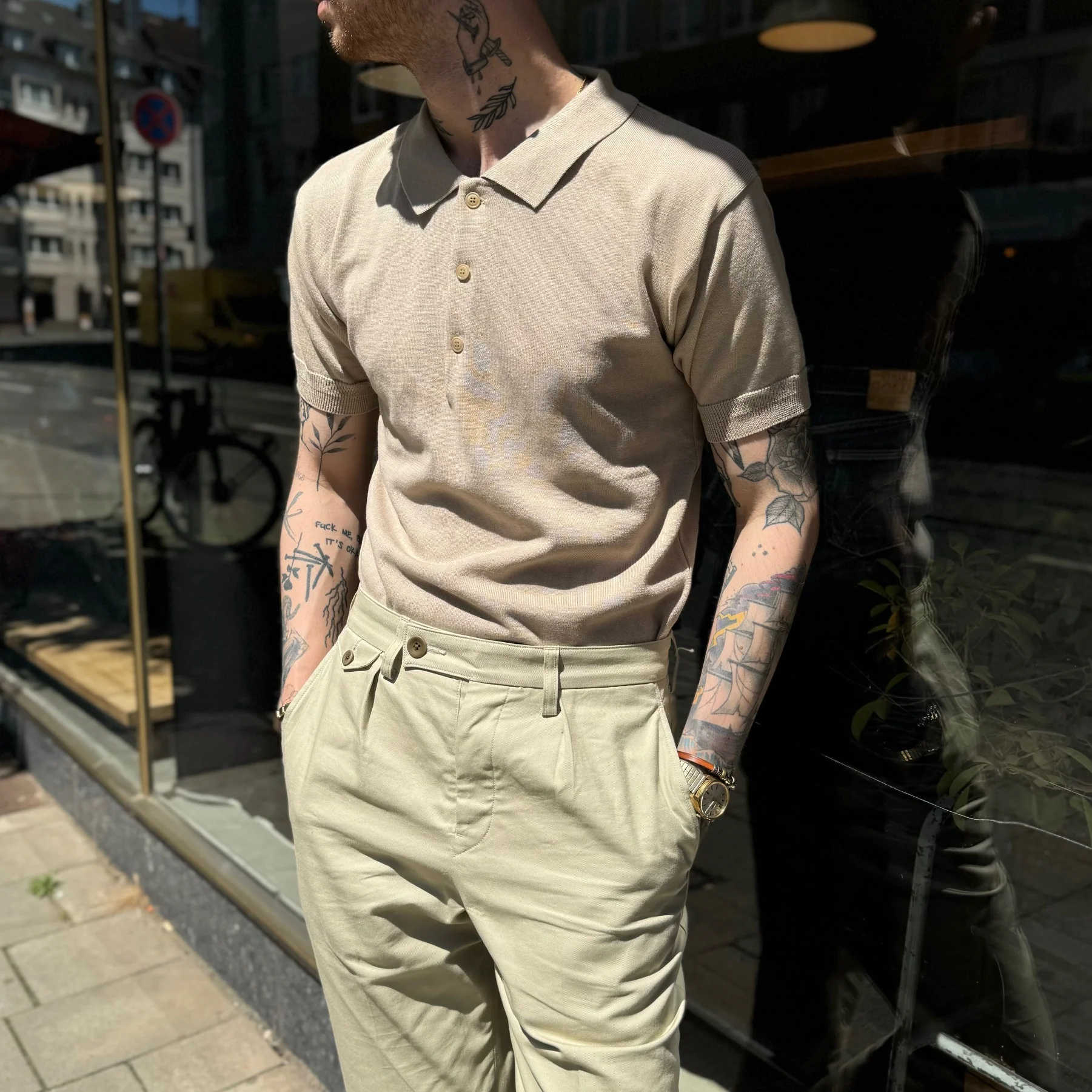 addict clothes | acv-kns03ss short sleeve knit polo smoke beige - Image 3