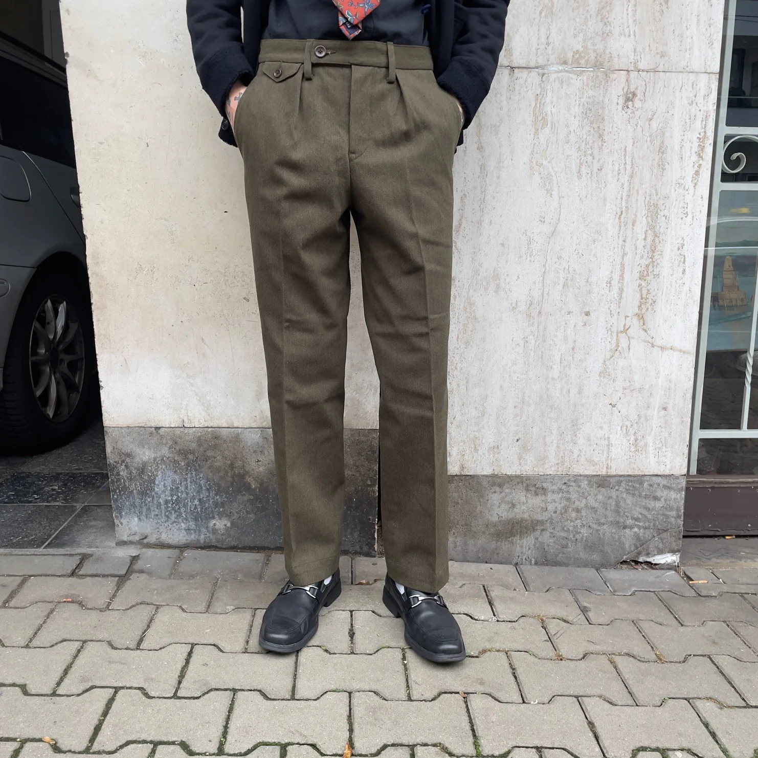 addict clothes | acv-tr02cw single-pleated cotton wool trousers - olive - Image 2