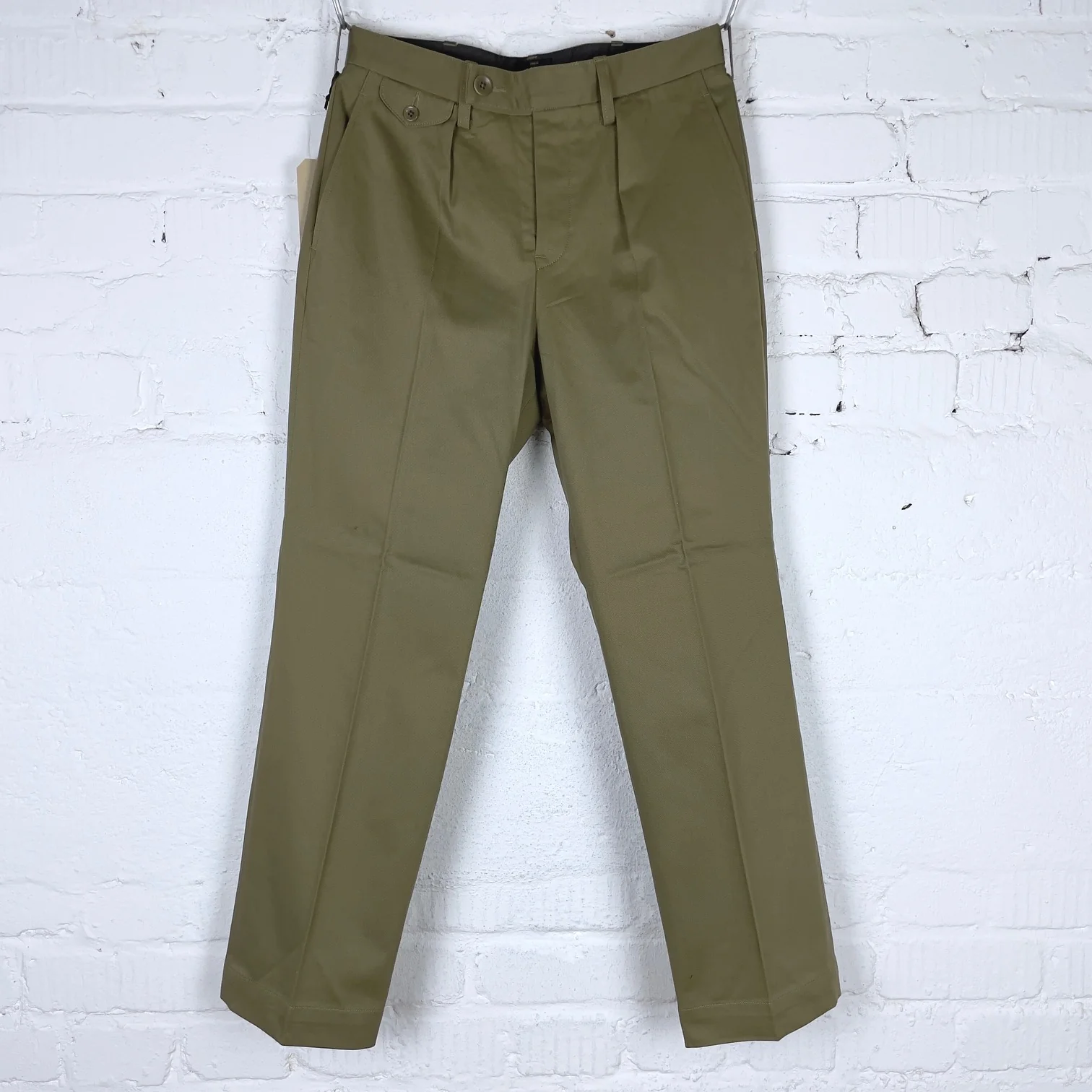 addict clothes | acv-tr02tw single pleated cotton twill trousers - army green - Image 4