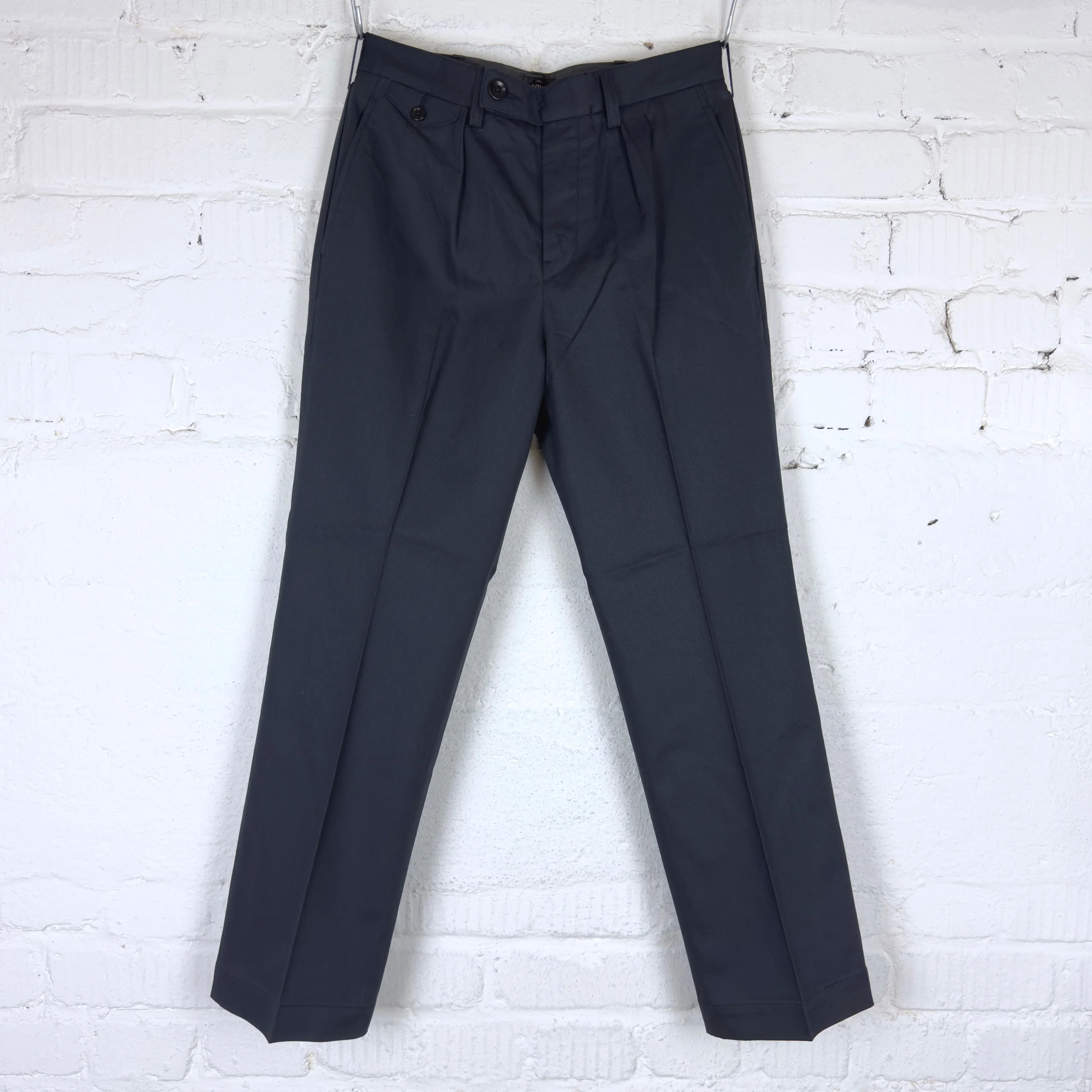addict clothes | acv-tr02tw single pleated cotton twill trousers - d.navy - Image 3