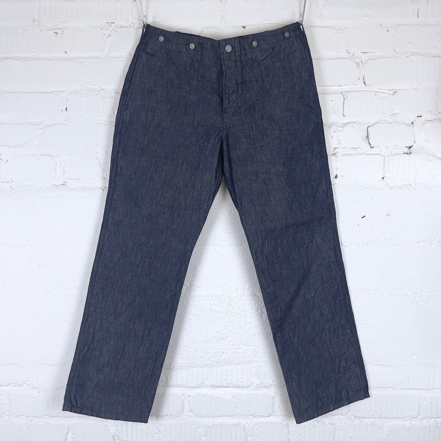 addict clothes | acv-tr03cld cotton linen denim buckle back trousers - indigo - Image 5