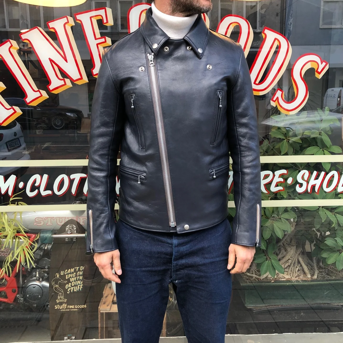 addict clothes | ad-02l double riders jacket (sheep) dark navy - Image 4