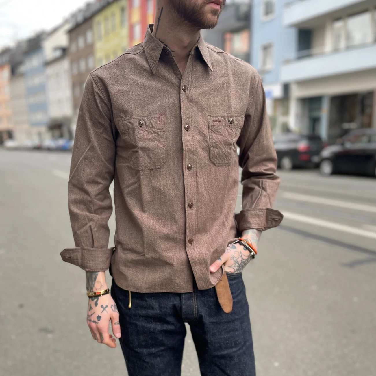 buzz rickson's | br26082 cotton covert work shirt - brown - Image 4