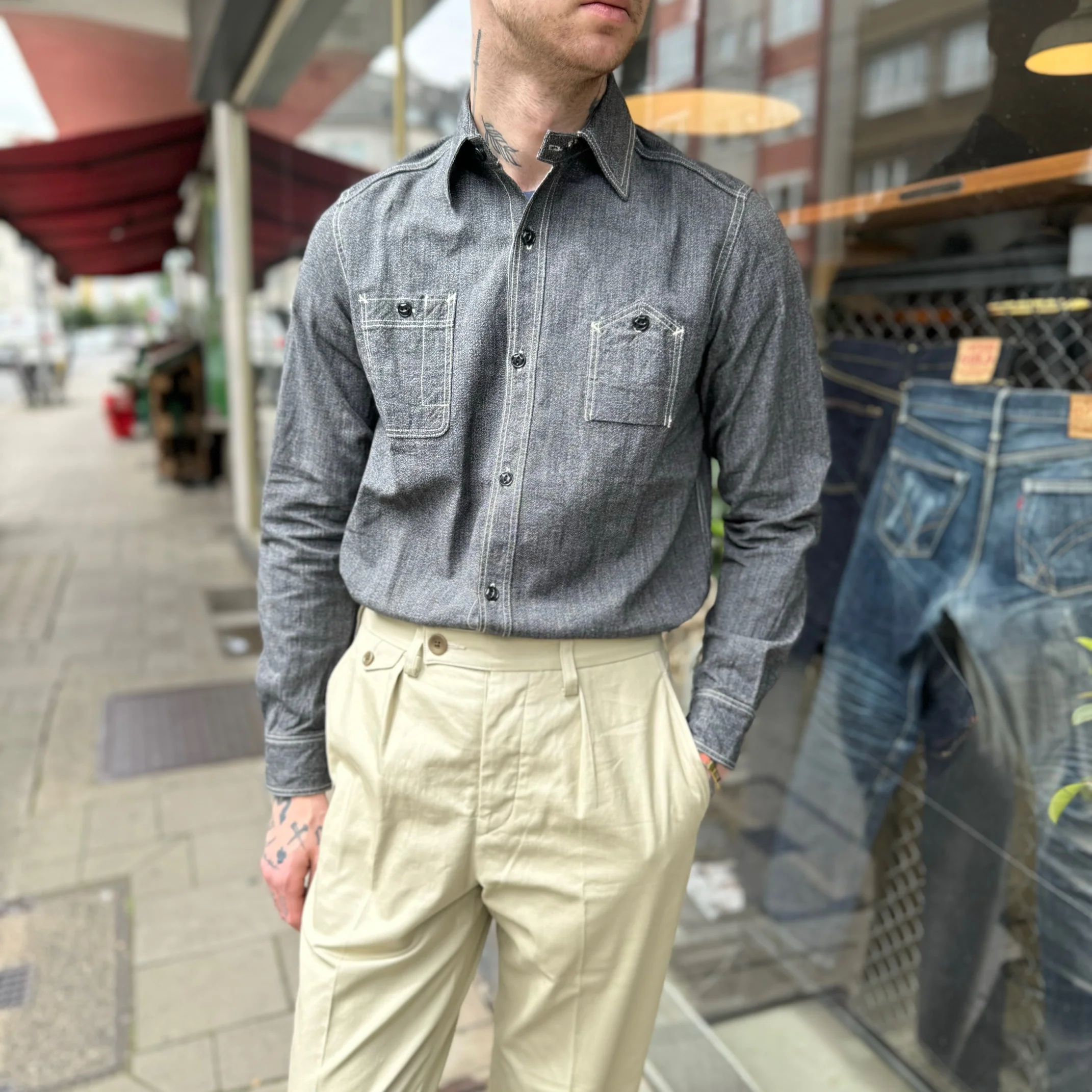 elmc | chambray work shirt - charcoal - Image 3
