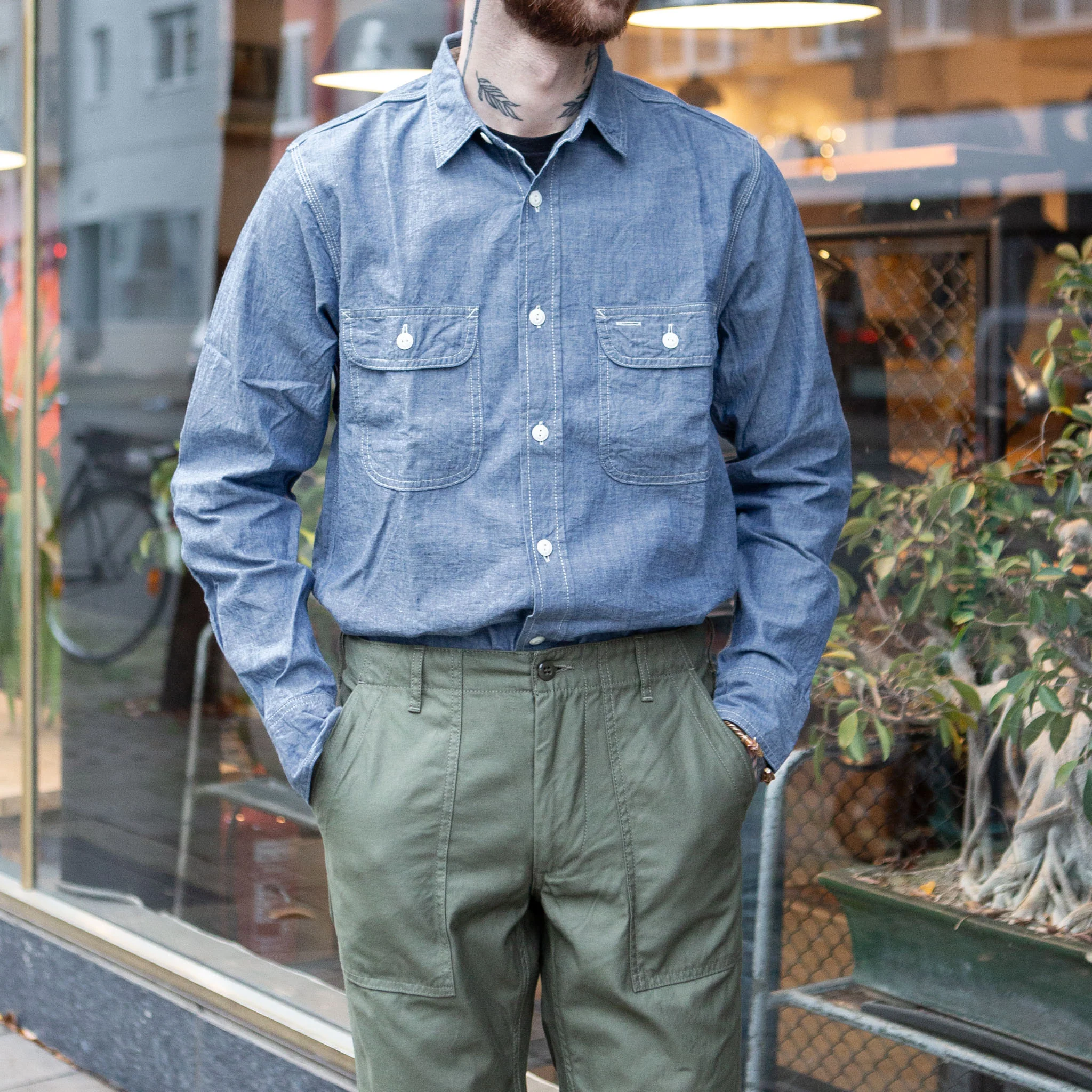 fob factory | f3494 selvedge chambray work shirt - blue - Image 3