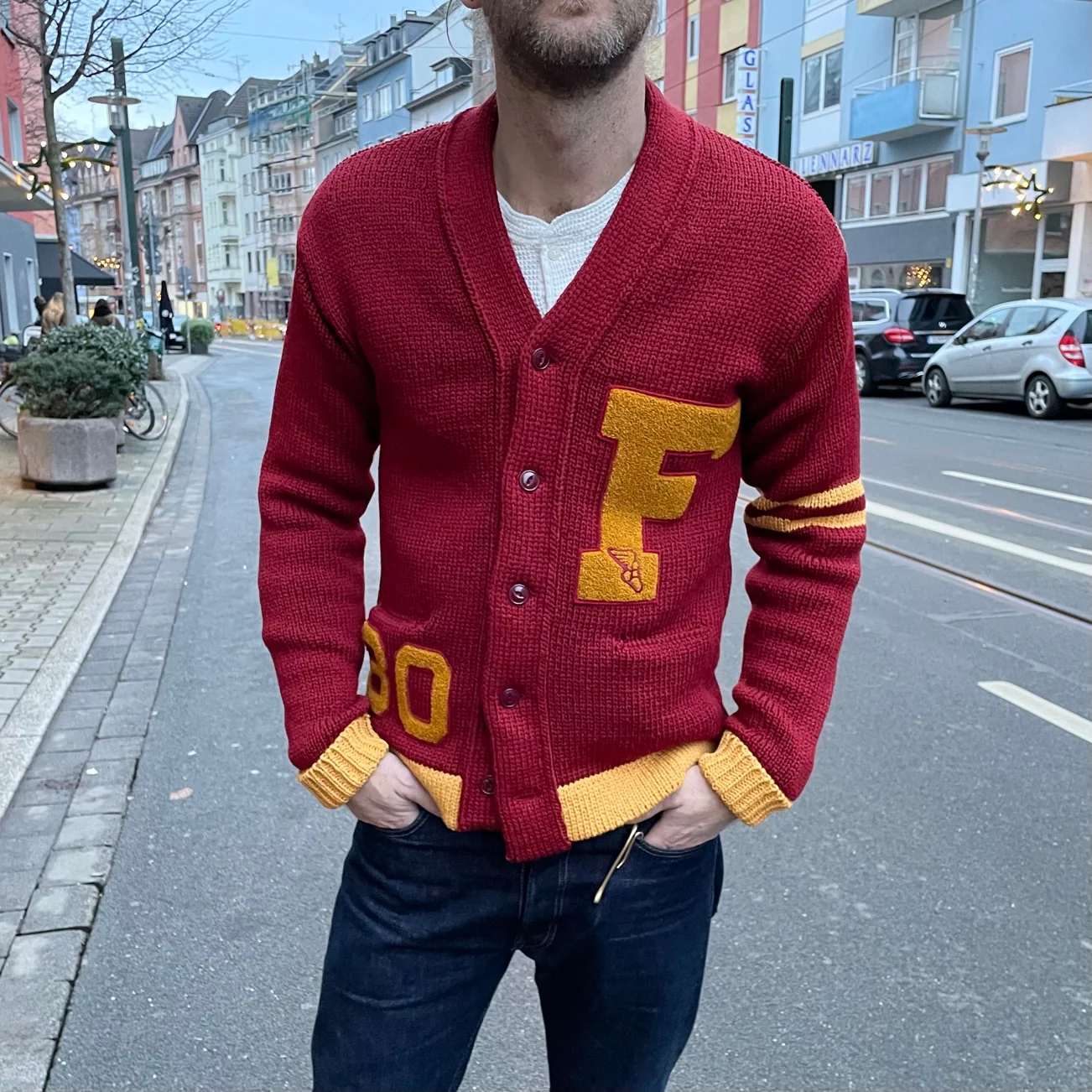 fullcount | 3008 husk wool letterman cardigan (30th anniversary item) burgundy - Image 2