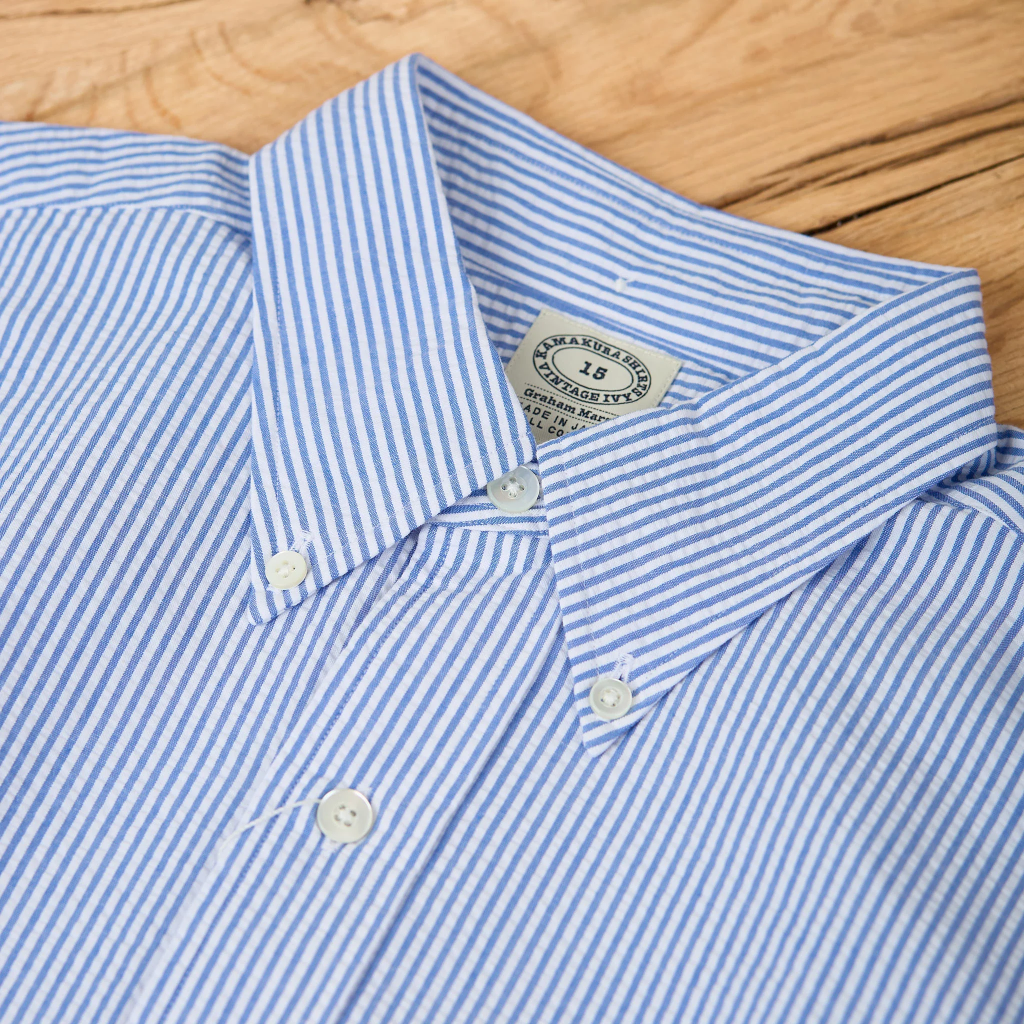 kamakura shirts | vintage ivy button down shirt blue seersucker stripe - Image 3