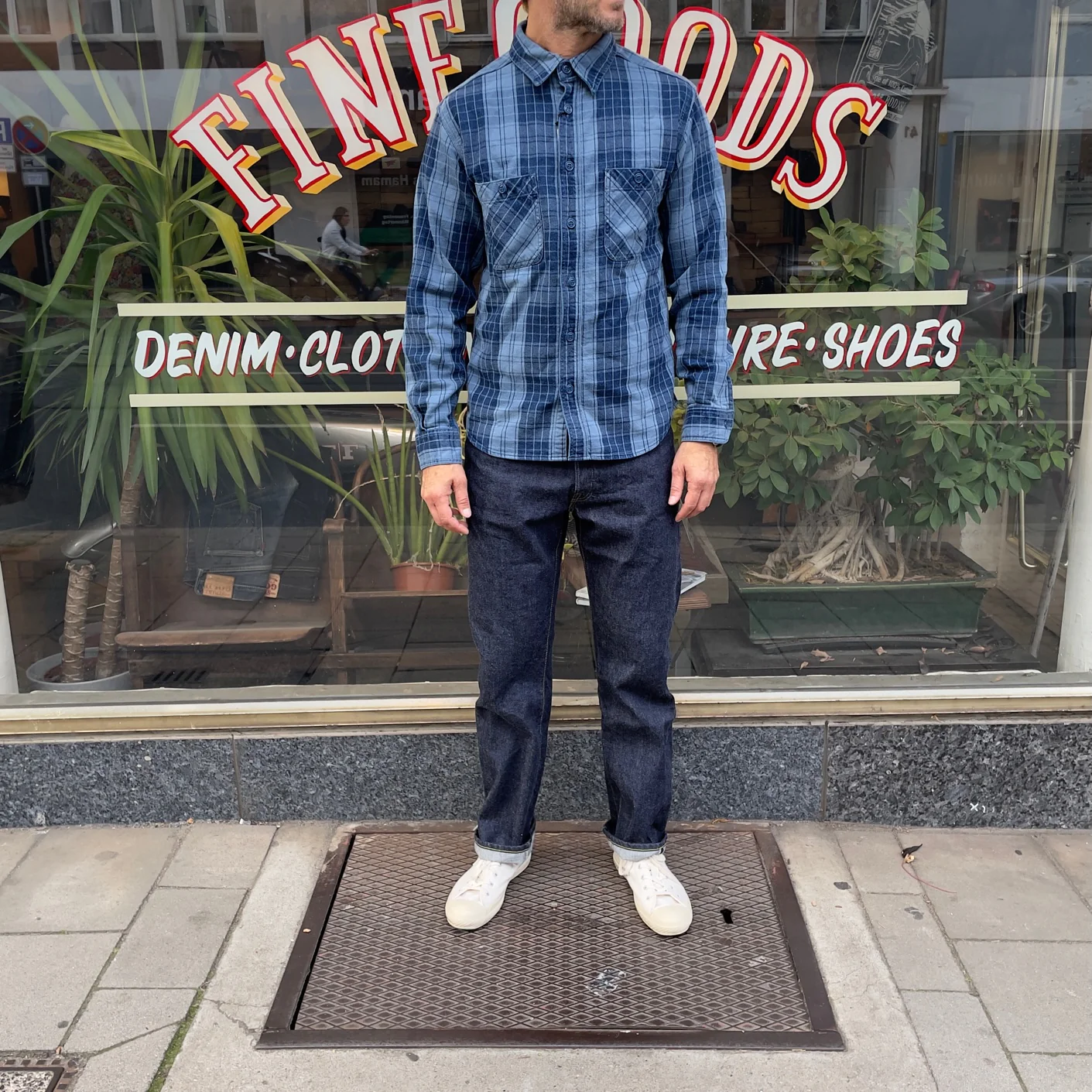 momotaro | mxls1001 original indigo twill check shirt - fade indigo - Image 3