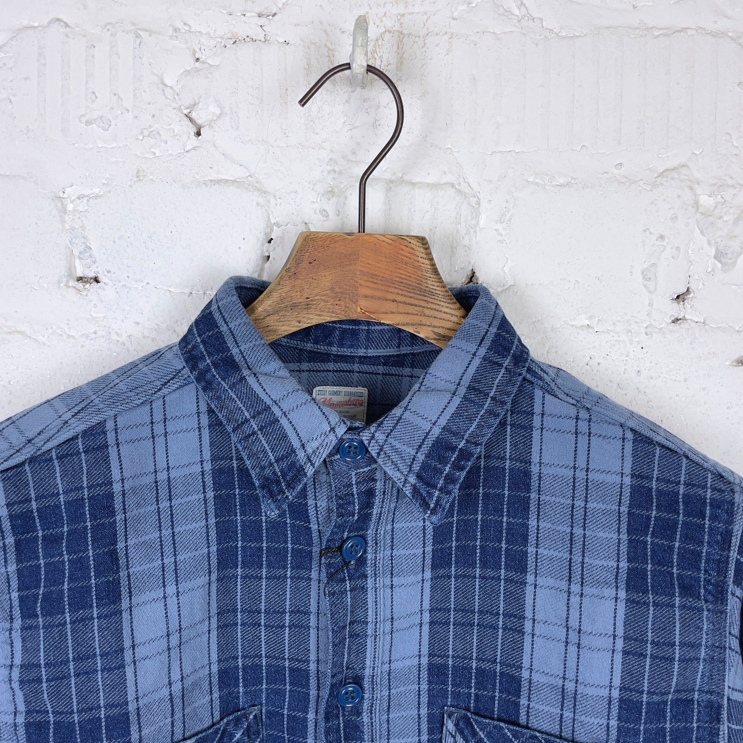 momotaro | mxls1001 original indigo twill check shirt - fade indigo - Image 4