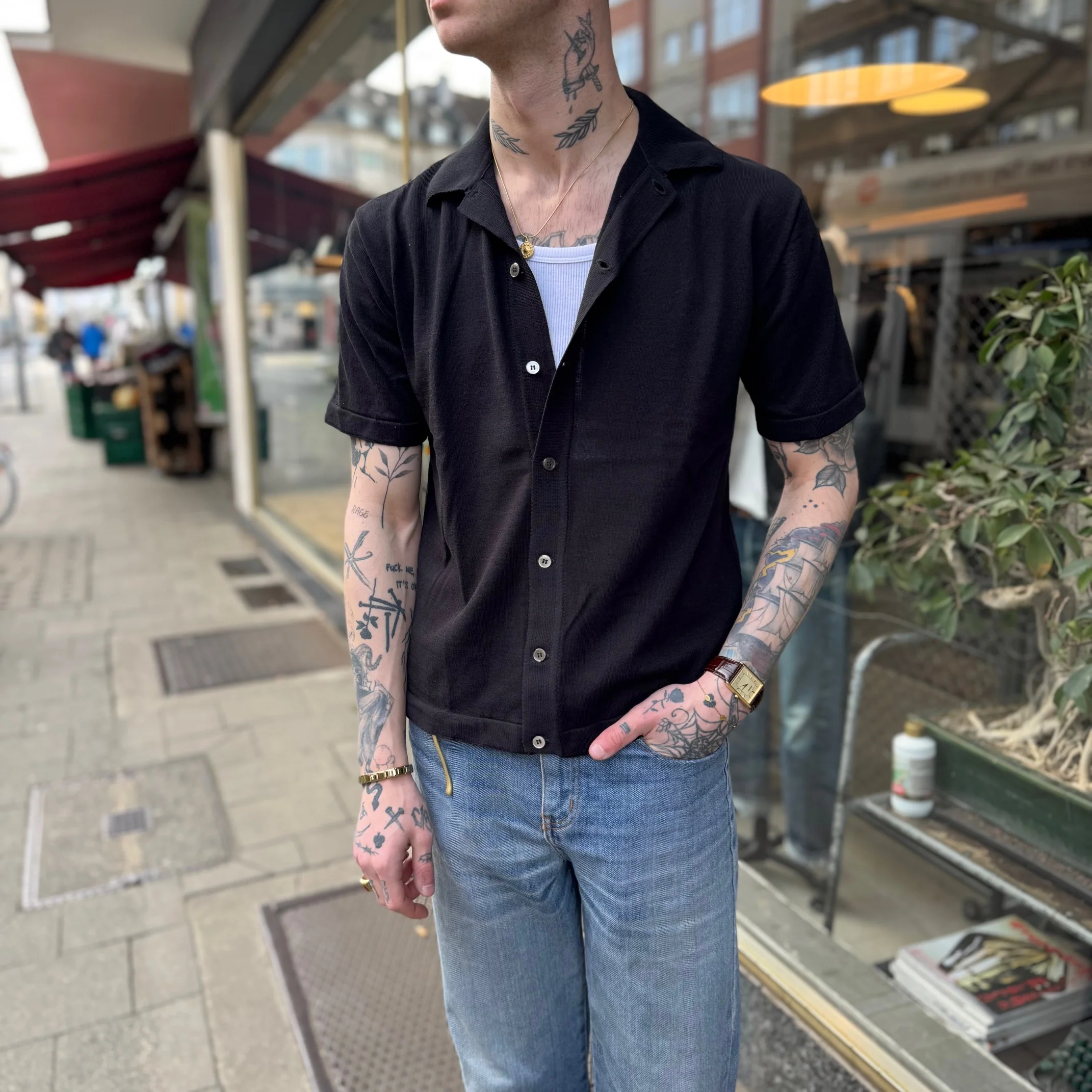 mooncastle | ic6 ice cotton open collared shirt black - Image 2