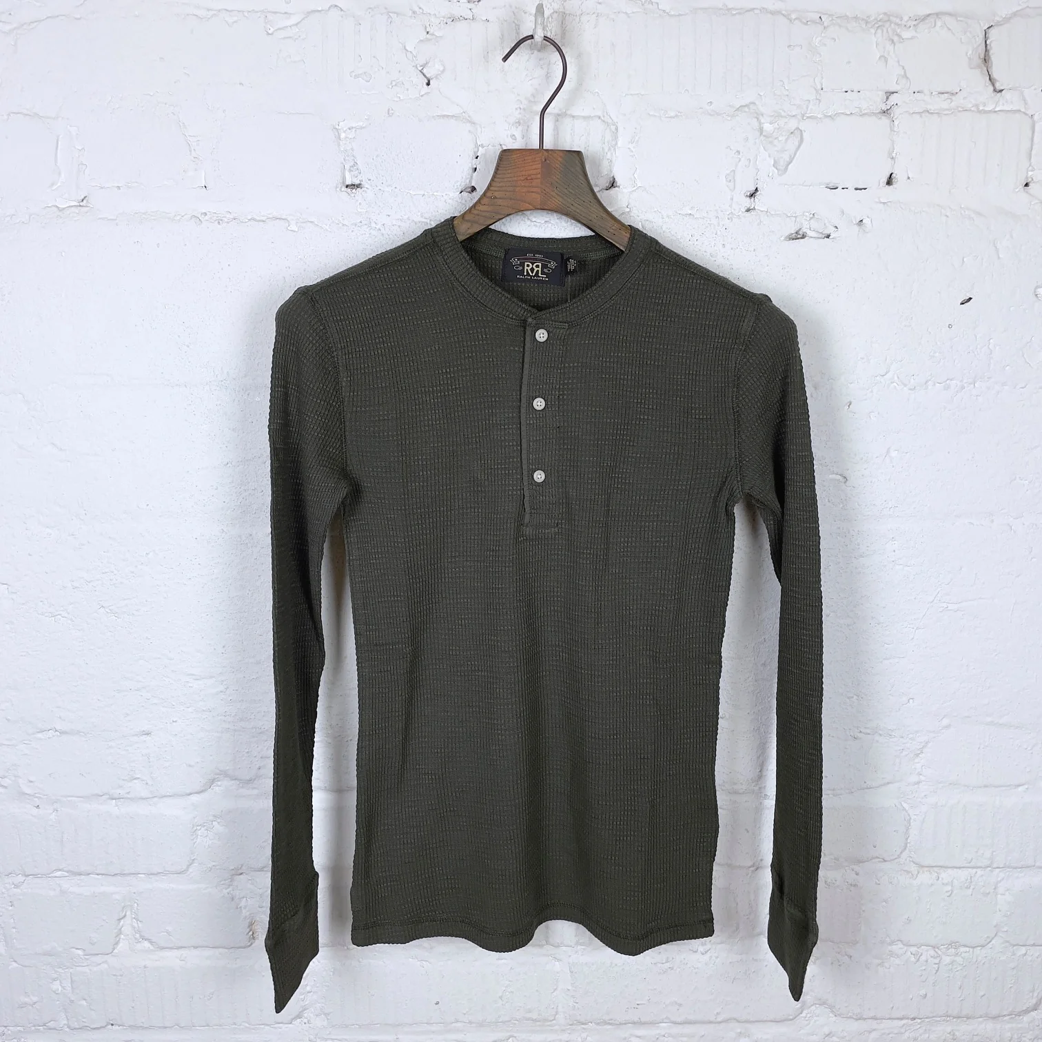 rrl | waffle knit l-s henley dark green