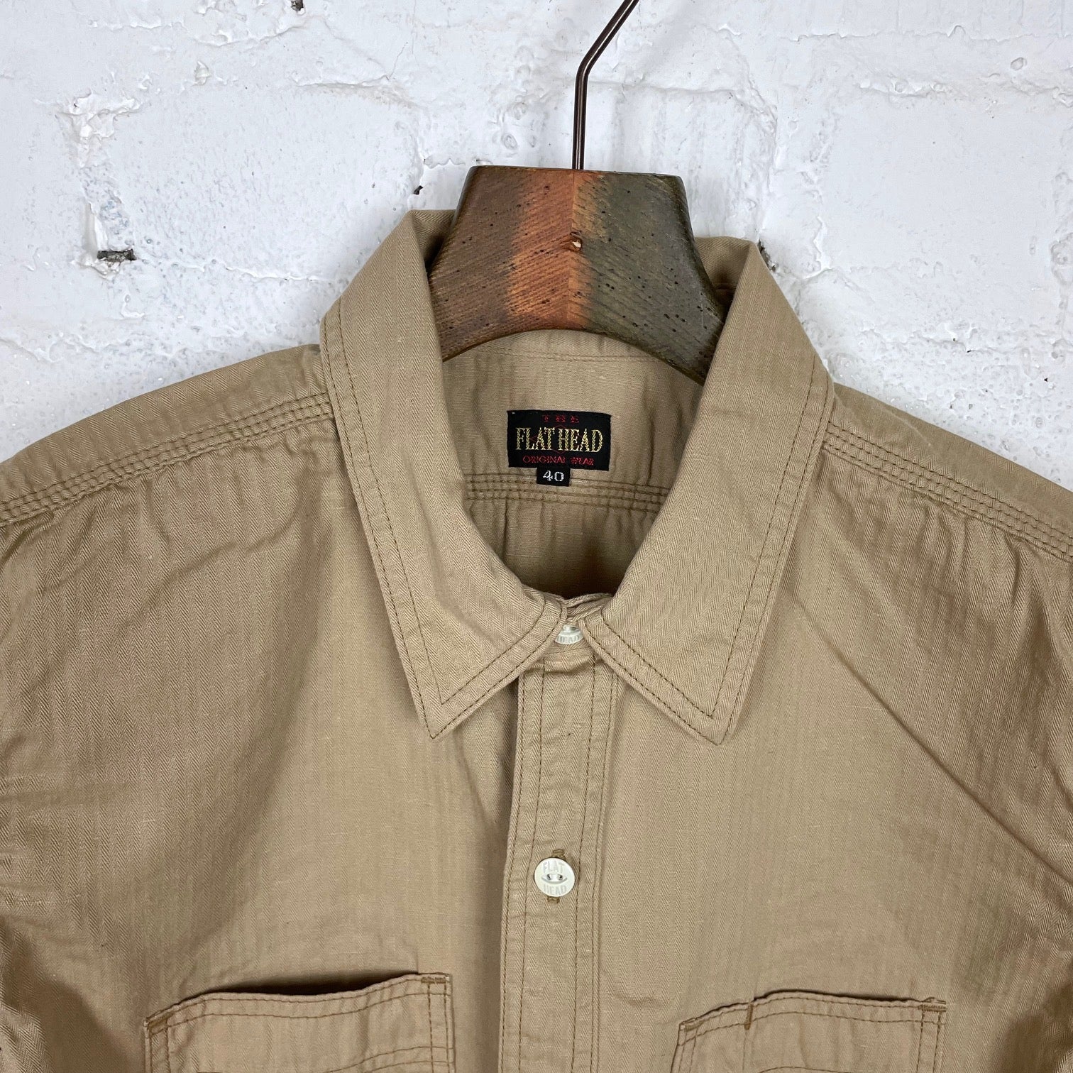 the flat head | fn-sck-004l herringbone work shirt beige - Image 4