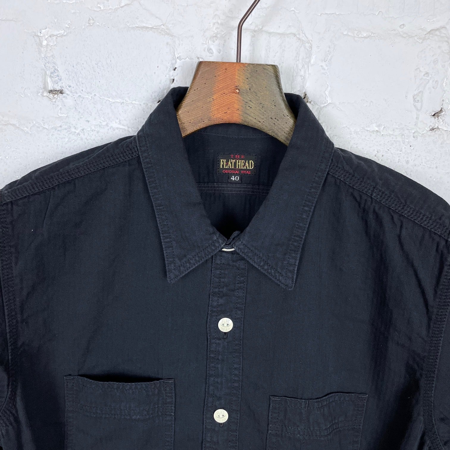 the flat head | fn-sck-004l herringbone work shirt black - Image 4
