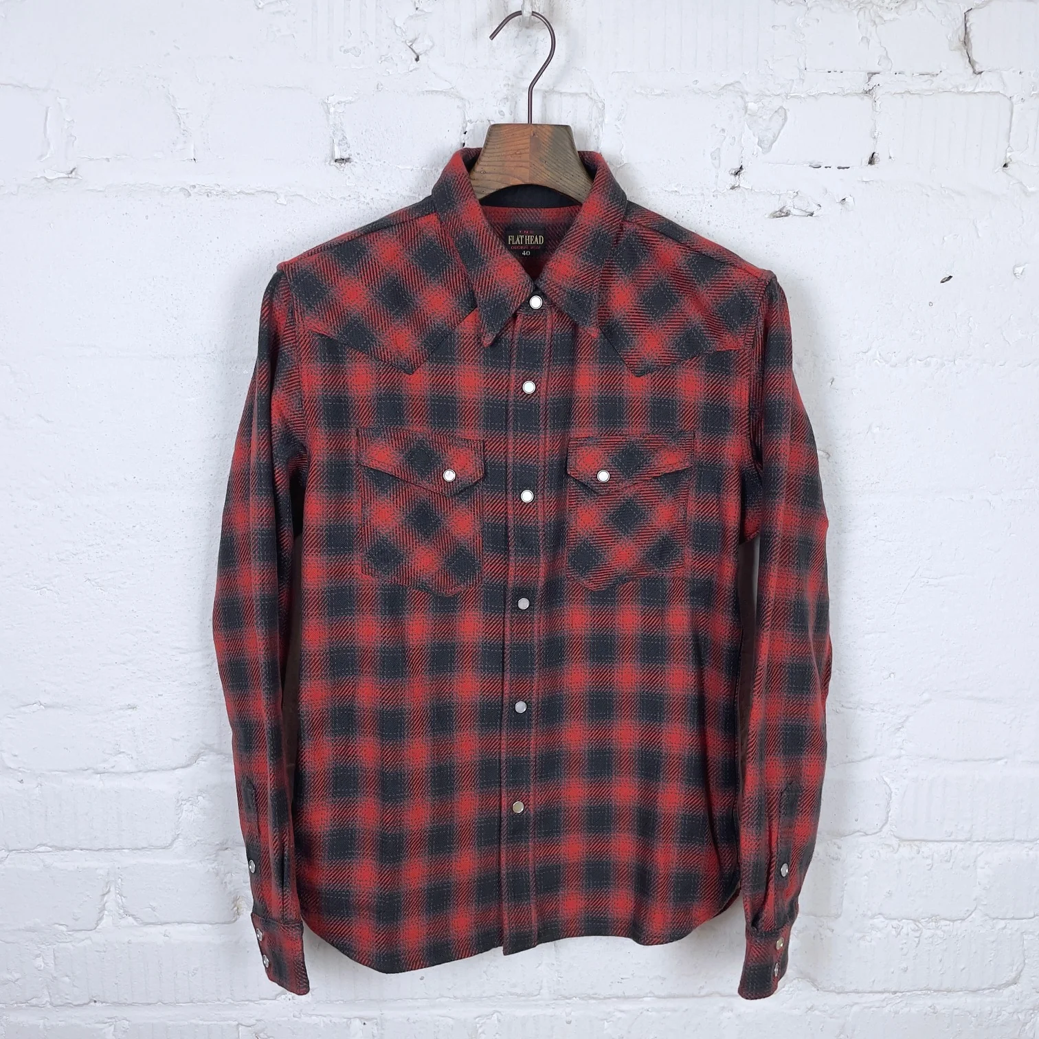 the flat head | fn-snw-005l block check ombre flannel western shirt - red - black
