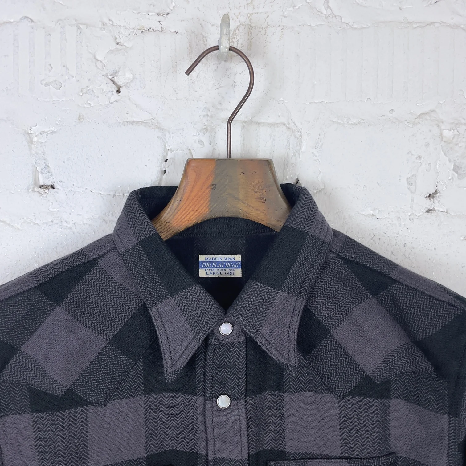 the flat head | fn-snw-101l block check flannel western shirt grey-black - Image 2
