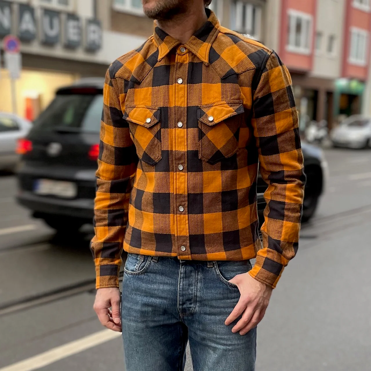 the flat head | fn-snw-101l block check flannel western shirt orange-charcoal - Image 2