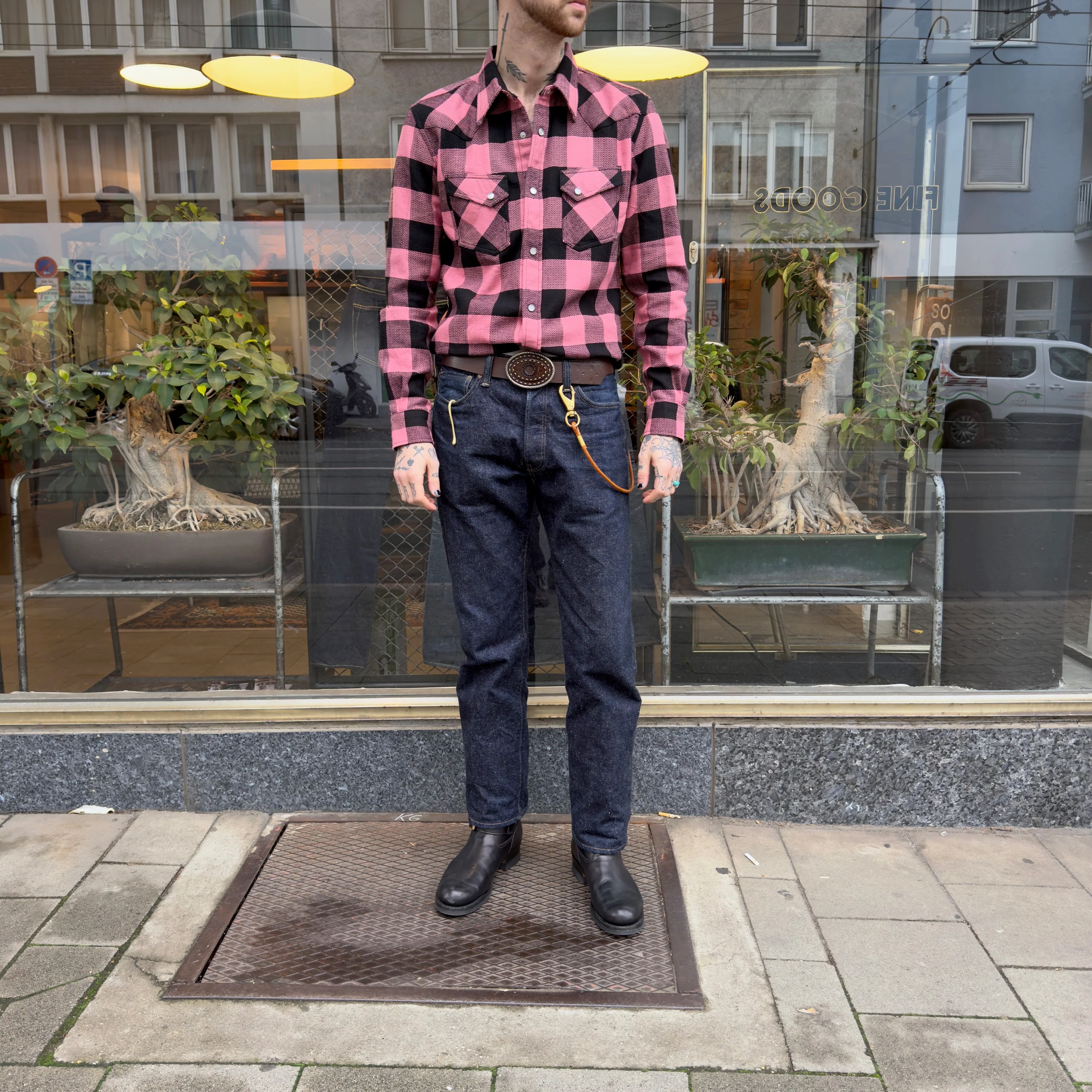 the flat head | fn-snw-101l block check flannel western shirt pink-black - Image 2