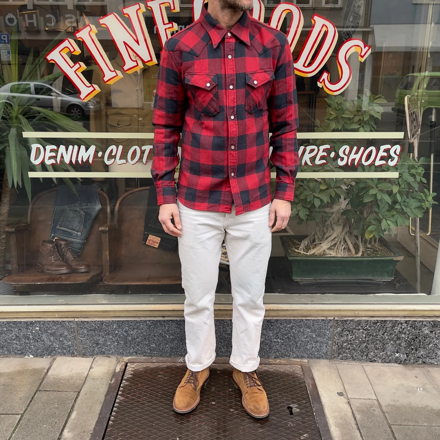 the flat head | fn-snw-101l block check flannel western shirt red-charcoal - Image 3