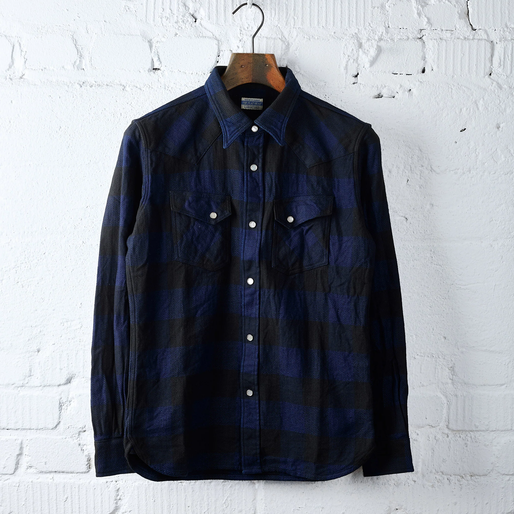 the flat head | fn-snw-101lsp indigo block check flannel western shirt