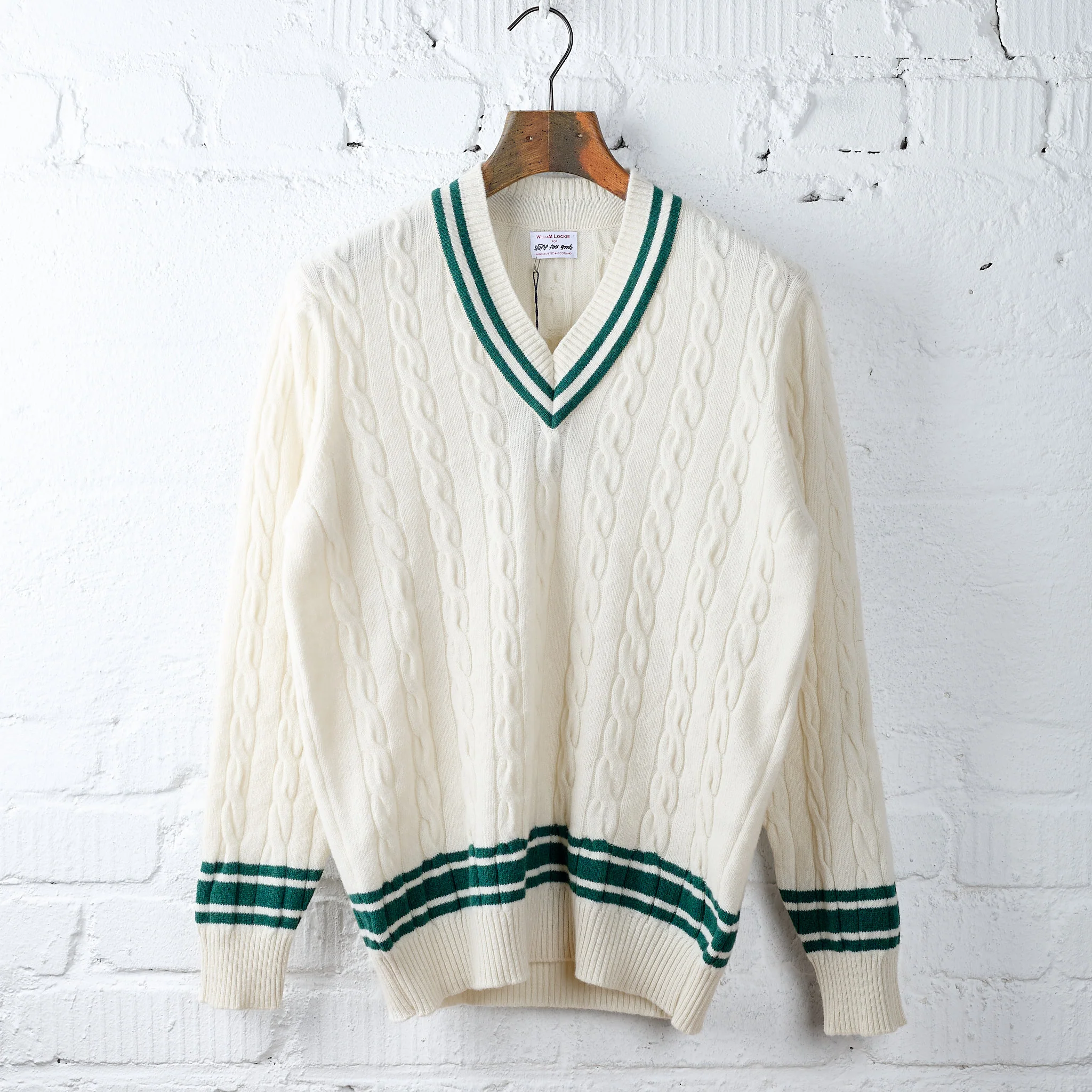 william lockie x stuf|f | super geelong cricket cable knit sweater - ecru/cossack green