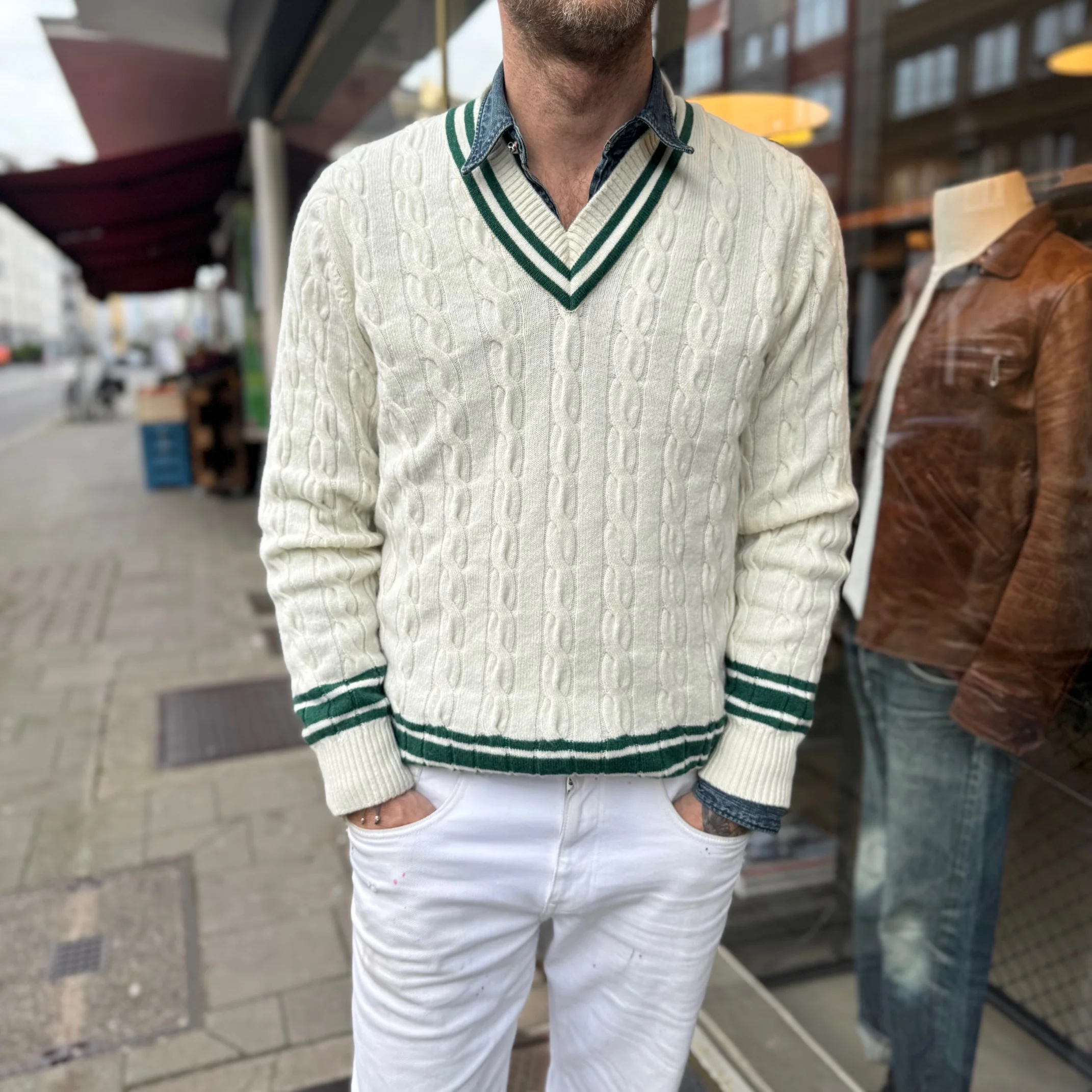william lockie x stuf|f | super geelong cricket cable knit sweater - ecru/cossack green - Image 2