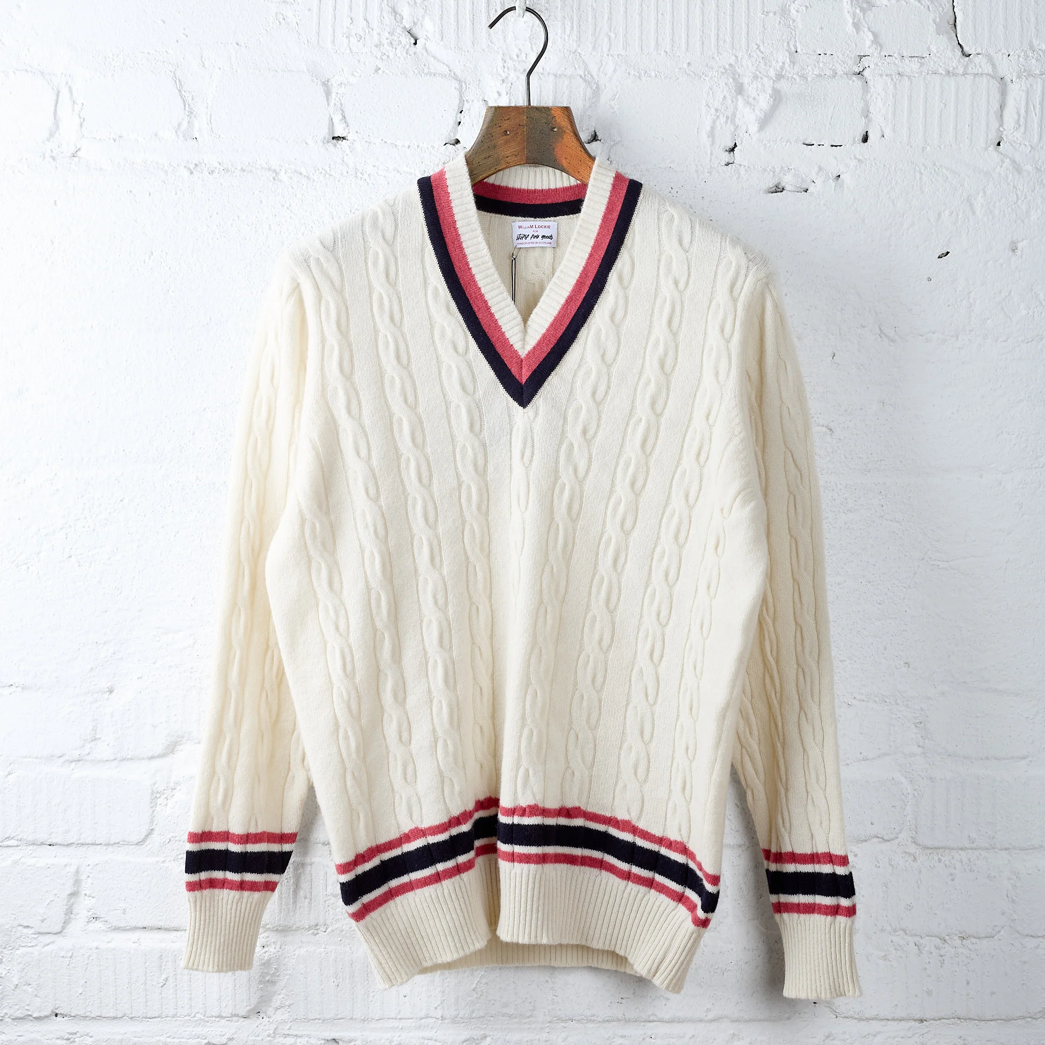 william lockie x stuf|f | super geelong cricket cable knit sweater - ecru/rouge/navy