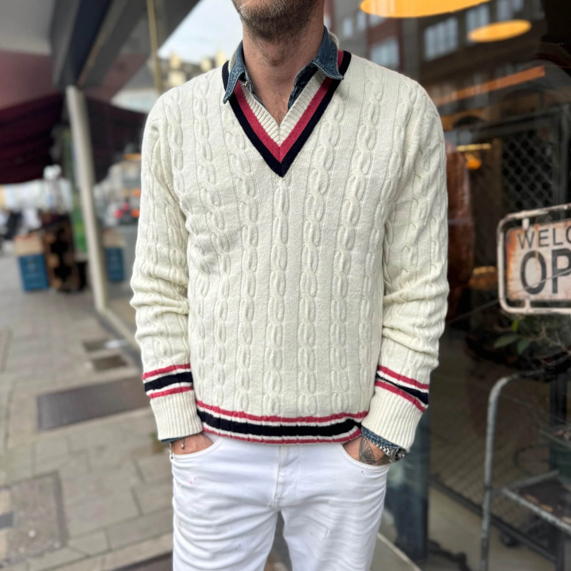 william lockie x stuf|f | super geelong cricket cable knit sweater - ecru/rouge/navy - Image 2