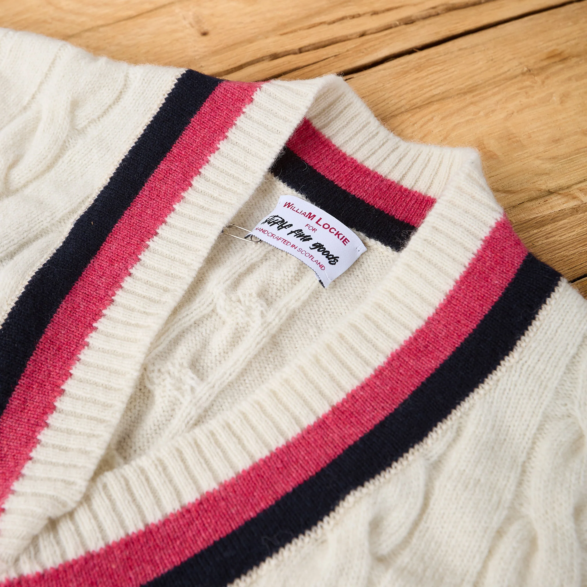 william lockie x stuf|f | super geelong cricket cable knit sweater - ecru/rouge/navy - Image 5